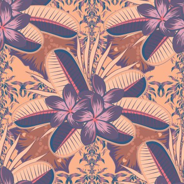 Mavi, gri ve bej renklerde kusursuz el yapımı taşıyıcı plumeria çiçek deseni.