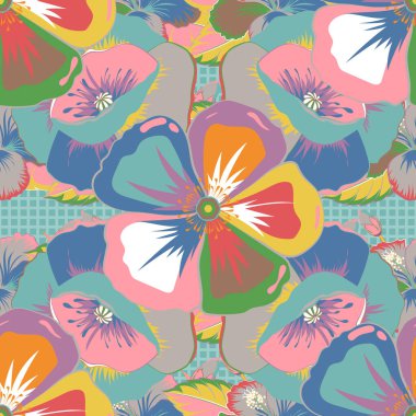 Kozmos çiçekli ipek eşarp mavi, pembe ve sarı renklerde. Sonbahar renkleri. El çizimi çiçek unsurları olan soyut, pürüzsüz vektör deseni. 1950-1960 motifleri. Retro tekstil tasarım koleksiyonu.