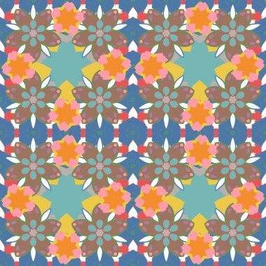 Kahverengi, mavi ve yeşil renklerdeki elementlerin kusursuz görüntüsü. Vektör çizimi. Duvar kağıdı, sunum, tasarım, baskı veya tekstil için iyi desen.