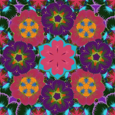 Zarif mavi, mor ve pembe süslemeli stilize yıldızlar, süslü arka planda filigran dekoru. Lüks raster dikişsiz desen, düğme desenli doku, eski tarz dekoratif elementler.