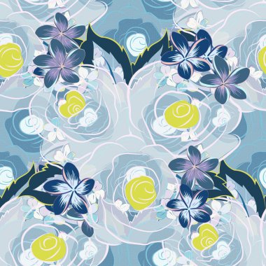 Kusursuz çiçek süsü. Kraliyet gülleriyle modern gül deseni. Mavi, sarı ve gri renklerde renk yönelimli desen.