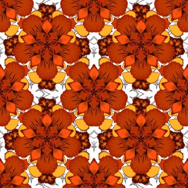 Soyut çiçeklerin kusursuz deseni kırmızı, sarı ve gri renklerde. Stock vektör illüstrasyonu. Klasik stil.