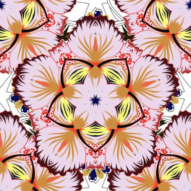 Çiçekli, şık duvar kağıtları. Soyut vektör arkaplanı. Çiçeklerin açtığı, yaprakların pembe, kahverengi ve mor renkte olduğu desensiz çiçek deseni..