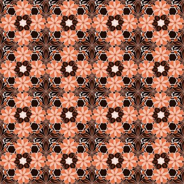 Vektör karışık yıldız deseni, yıldız süslemeleri, turuncu, kahverengi ve pembe ızgara. Lüks, yıldızlı, pürüzsüz bir düzen..