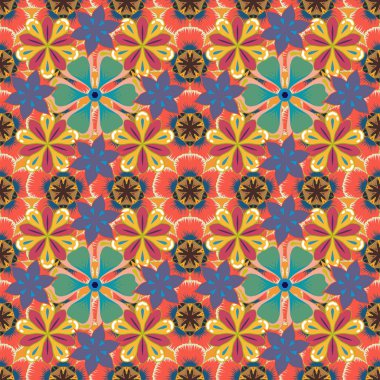 Turuncu, pembe ve sarı renklerde klasik soyut çiçek desenleri. Arabesk. Çarpık kıvrımlı zarif yaprak ve parşömenlerin kesişmesi soyut bir çiçek süsü oluşturur..