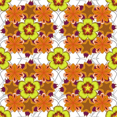 Çiçek baskısı. Modern Motley çiçek deseni kırmızı, turuncu ve sarı renklerde. Tekrarlanan Çiçek Deseni.