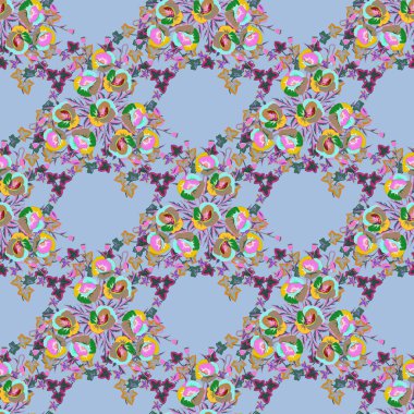 Eski tarz. Stock vektör illüstrasyonu. Pembe, mavi ve yeşil renklerde kusursuz soyut çiçek deseni.