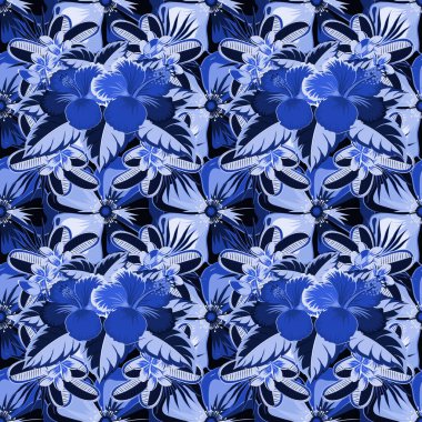 Elle boyanmış, siyah ve mavi renklerde. Vektör tropikal yapraklar ve siyah ve mavi çiçekler pürüzsüz desen.