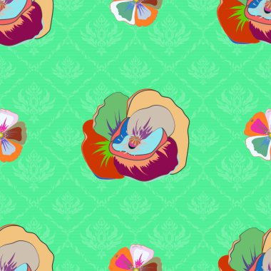 Yeşil ve turuncu renkli, soyut sevimli çiçeklerin olduğu bahar kağıdı. Çiçeksiz desen. Vektör illüstrasyonu.