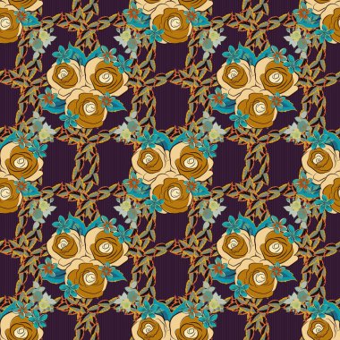 Eski tarz gül çiçekleri olan zarif bir desen. Dekorasyon ya da tasarım için güzel, pürüzsüz bir desen. Suluboya gül çiçekleri ve gri, turuncu ve kahverengi yapraklı moda baskı.