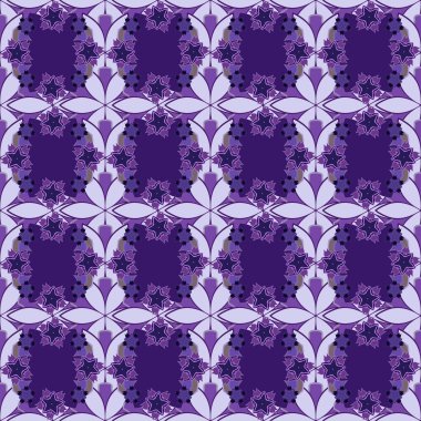 Vektör çizimi. Mor, mor ve mavi renklerde küçük çiçeklerle vektörsüz desen. Soyut çiçekler.