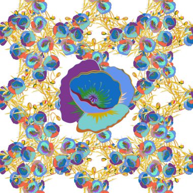 Kusursuz desenli soyut çiçek arkaplanı. Mavi ve yeşil renkli birçok soyut çiçeğin vektör çizimi. El çizimi pürüzsüz çiçek çizimi.