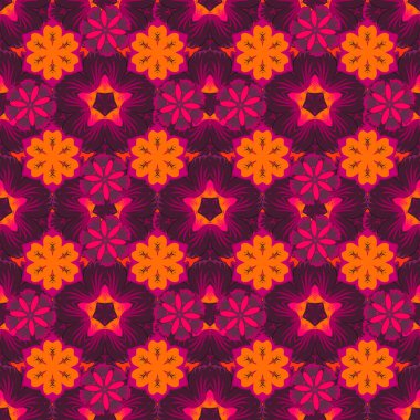 Mor, kırmızı ve mor renkli çiçek açan ipek eşarp. El çizimi çiçek unsurları olan soyut, pürüzsüz vektör deseni. 1950-1960 motifleri. Retro tekstil tasarım koleksiyonu. Sonbahar renkleri