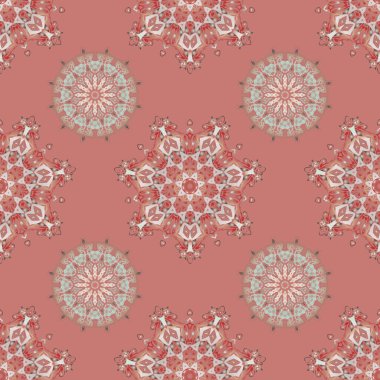 Damask pürüzsüz deseni pembe, bej ve kırmızı renklerde. Doğulu tarzı. Kumaş, duvar kağıdı, arkaplan, davetiye, ambalaj ve kitap kapakları için tasarım. El çizimi eskiz. Vektör vintage süsü.