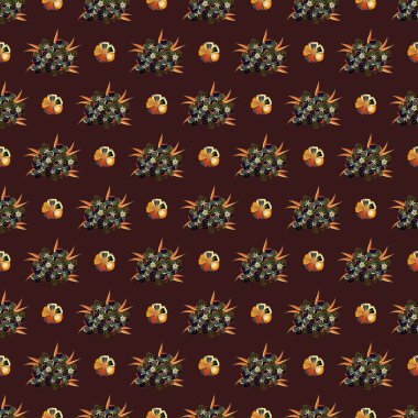 Vektör çizimi. Yeşil, siyah ve kahverengi renkli şirin primula çiçekleriyle kusursuz desen..