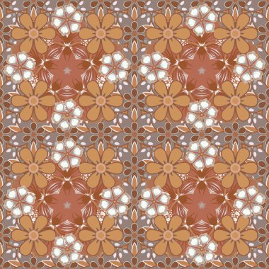 Bir sürü şirin çiçek var. Vektör çiçekleri turuncu, bej ve kahverengi renklerde pürüzsüz desen.