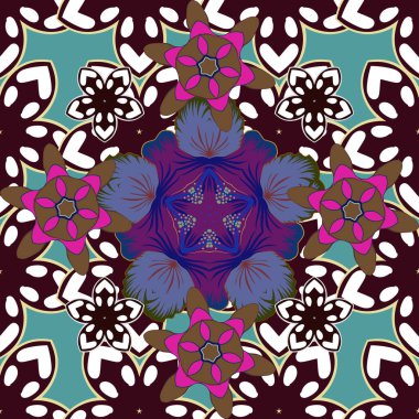 Vektör Kızılderili Çiçek Paisley patten. Beyaz, kahverengi ve mavi renklerde kusursuz bir süs eşyası. Tebrik etmek ya da kartvizit, fon, kumaş ya da tekstil için kullanılabilir. Etnik havlu, kına tarzı..