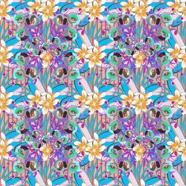 Küçük, basit bej, mavi ve pembe çiçeklerin çok renkli süslemesi, kumaş veya tekstil tasarımı için soyut, pürüzsüz desenli vektör.