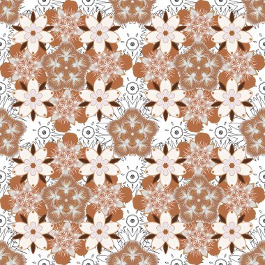 Vektör çizimi. Kahverengi, bej ve turuncu renklerde desensiz çiçek deseni.