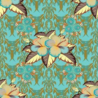 Kahverengi, mavi ve yeşil Hibiscus pürüzsüz arka plan. Aloha Hawai gömlek vektörü kusursuz desen.