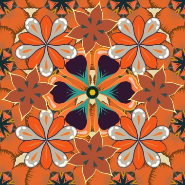 Kahverengi, gri ve turuncu dairesel mandala, yıldızlar ve kar taneleri elsments ile geleneksel süsleme arkaplan vektörsüz desen.