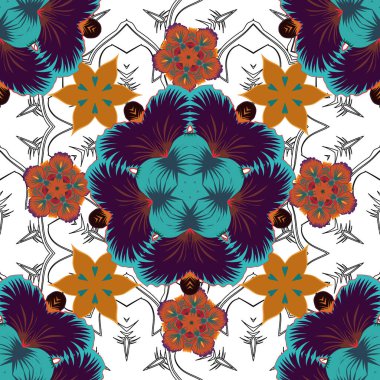 Geometrik yaprak süsü. Kusursuz soyut çiçek deseni turuncu, gri ve mavi renklerde. Güzel vektör arkaplanı. Grafiksel modern desen.