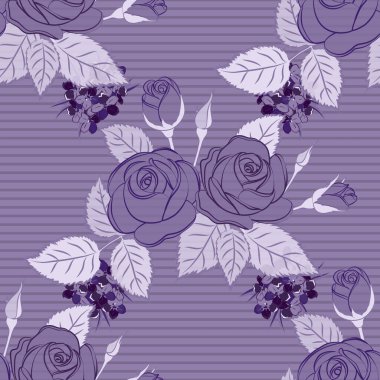 Geçmişi, tekstili, ambalaj kağıtları, tebrik kartları için. Vektör tasarımı. Soyut gül çiçekleri ve mor, gri ve mor renkli yeşil yapraklardan oluşan suluboya desenli romantik, pürüzsüz bir desen.