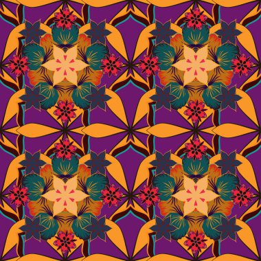 Ditsy tarzı. Sarı, kahverengi ve mor renkli küçük çiçekler. Çiçek vektörsüz desen vintage tarzında. El çizimi vektör illüstrasyonu.