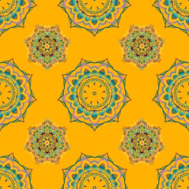 Çiçeksiz desen. Duvar kağıdı barok, yeşil, turuncu ve sarı renklerde kusursuz vektör arkaplan.