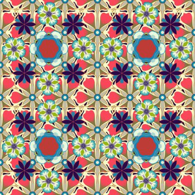 Çiçek deseni. Pembe, mavi ve bej renklerde renksiz çiçekler..