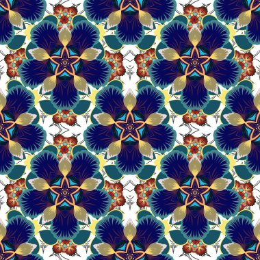 Vektör çizimi. Mavi, gri ve sarı renklerde soyut şirin çiçek deseni. Parlak, güzel çiçekler, kusursuz bir arka plan..