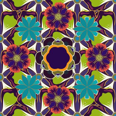 Vektör çizimi. Kusursuz desenli mavi, kahverengi ve yeşil çiçekli..