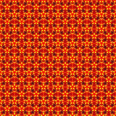 Tasarım, tekstil veya kumaş için turuncu, sarı ve kırmızı renklerde vektörsüz çiçek deseni. Vektör illüstrasyonu.