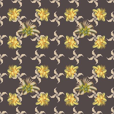 Şekillendirilmiş plumeria çiçekleri ve bej, yeşil ve sarı yapraklı vektörsüz arkaplan deseni.