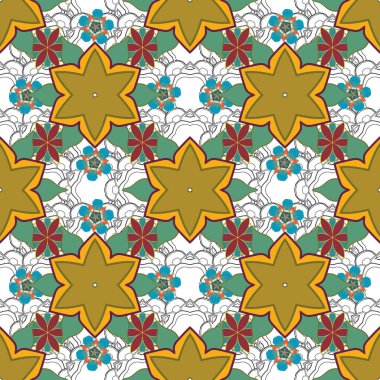 Eski bir süs. Ambalaj kağıdı, baskı, kumaş ya da tekstil için modern geometrik kusursuz desen. Tasarımınız için vektör yeşil, gri ve sarı desen.