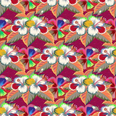 Motley Raster illüstrasyonu. Bir sürü tropik çiçekli, kusursuz egzotik desen. Açan orman.