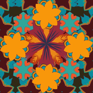 El yazısı raster çiçekleri, pullar, anahtarlar. Mavi, kahverengi ve sarı renklerde, klasik, pürüzsüz desen.