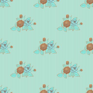 Mavi, yeşil ve bej gül buketleri. Vektör çizimi. Kusursuz desen.