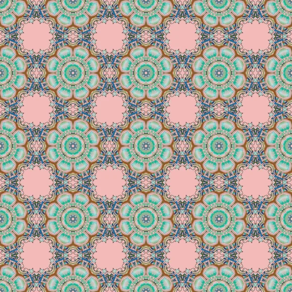 Vektornahtloses Muster Aus Blauen Grünen Und Rosa Ornamenten Orientalisches Florales — Stockvektor