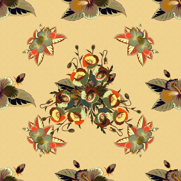 Modèle Floral Sans Couture Vectoriel Mode Coquelicots Marron Beige Dessinés — Image vectorielle