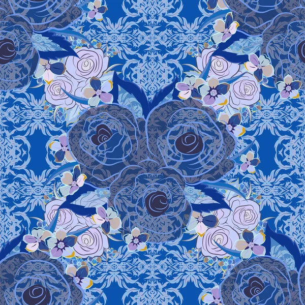 Vector Watercolor Seamless Pattern Beautiful Abstract Decorative Rose Flowers Blue — Stock Vector