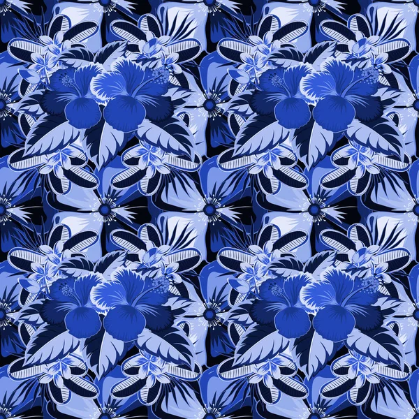 Ilustración Pintada Mano Colores Negro Azul Vector Hojas Tropicales Flores — Archivo Imágenes Vectoriales