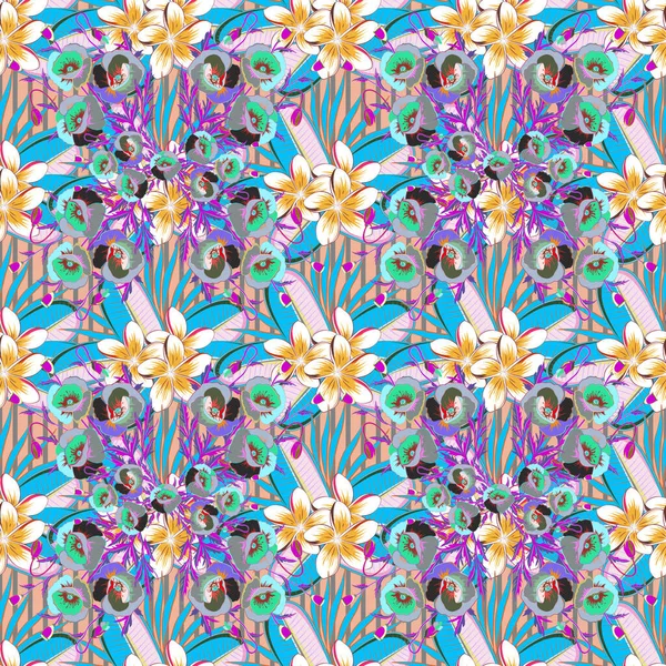 Ornement Multicolore Petites Fleurs Simples Beige Bleu Rose Motif Abstrait — Image vectorielle