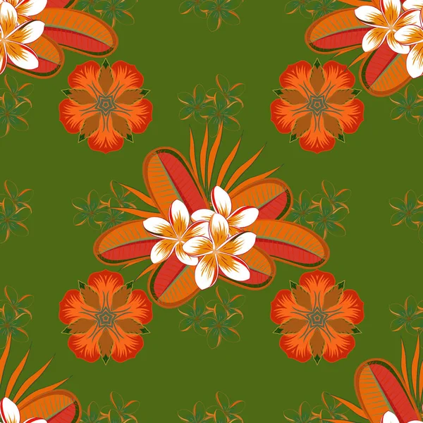 일러스트 오렌지색 베이지 초록색으로 귀여운 포뮬러 꽃무늬 — 스톡 벡터