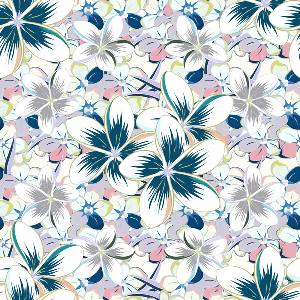 Patrón Flores Plumeria Vectorial Dibujado Mano Sin Costuras Colores Azul — Archivo Imágenes Vectoriales