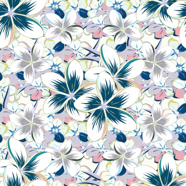 Elle çizilmiş pürüzsüz taşıyıcı plumeria deseni mavi ve gri renklerde.