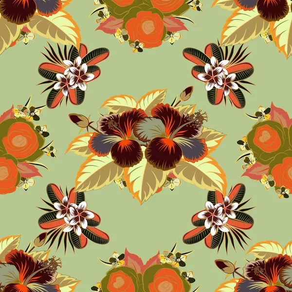 Style Vintage Fleurs Tropicales Feuilles Hibiscus Bourgeons Hibiscus Motif Floral — Image vectorielle