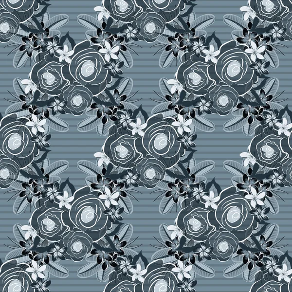 Trendy Vector Naadloos Floral Pattern Zwarte Grijze Blauwe Rozen — Stockvector