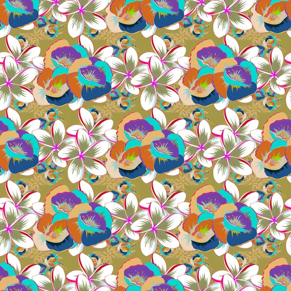 Motif Tropical Sans Couture Avec Nombreuses Fleurs Abstraites Bleues Beiges — Image vectorielle