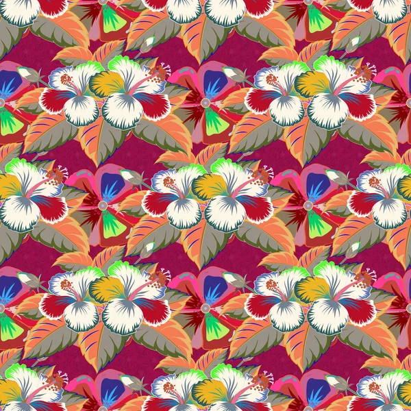 Motley光栅的插图无缝隙异国情调的图案 有许多色彩斑斓的热带花朵 繁茂的丛林 — 图库矢量图片